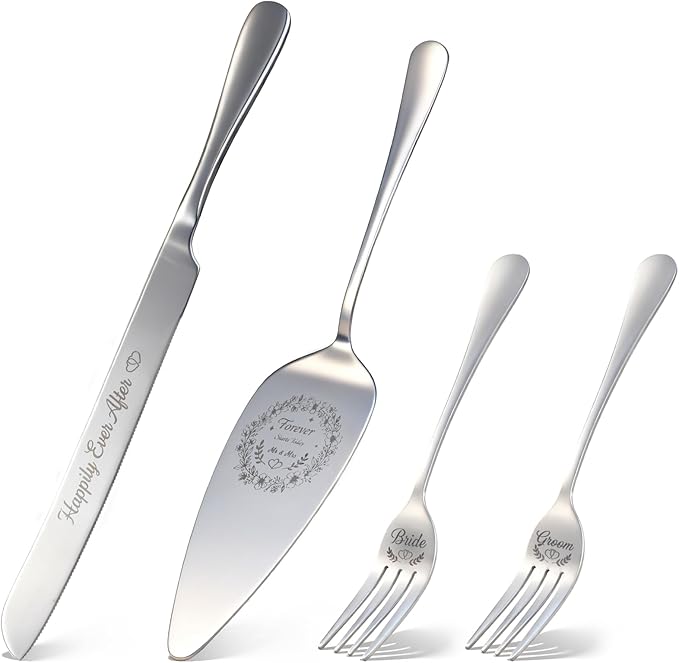 4 Piece Wedding Cake Cutting Set, Knife and Server with Forks, Elegant Wedding Cake Knife and Server Set for Bride and Groom(Silver)
