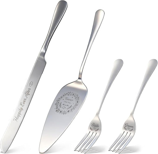 4 Piece Wedding Cake Cutting Set, Knife and Server with Forks, Elegant Wedding Cake Knife and Server Set for Bride and Groom(Silver)