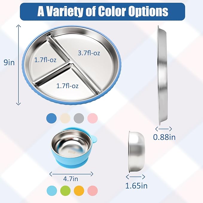Stainless Steel Kids Plates and Bowls with Suction, Divided Baby Plate and Toddler Bowl with Removable Silicone Suction, Non-Slip Baby Feeding Set Dishwasher Safe, 4 Packs