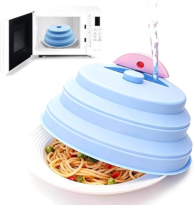 Collapsible Microwave Cover with Water Steamer – Silicone Splatter Cover & Steam Lid, 10 Inch BPA Free, Dishwasher Safe, Easy Storage for Reheating & Steaming Food