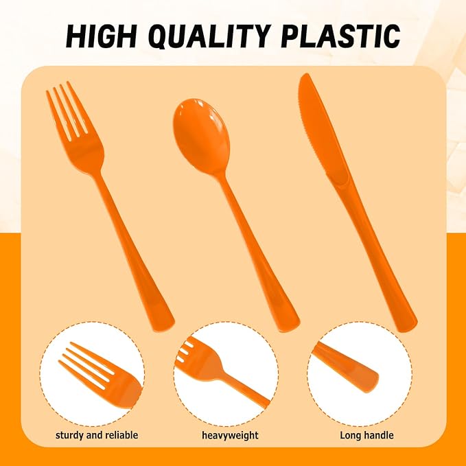 150 Pack Disposable Plastic Silverware, Heavy Duty Orange Plastic Cutlery Set Includes 50 Forks 50 Knives 50 Spoons for Birthday Wedding Party Picnics (150, Orange)