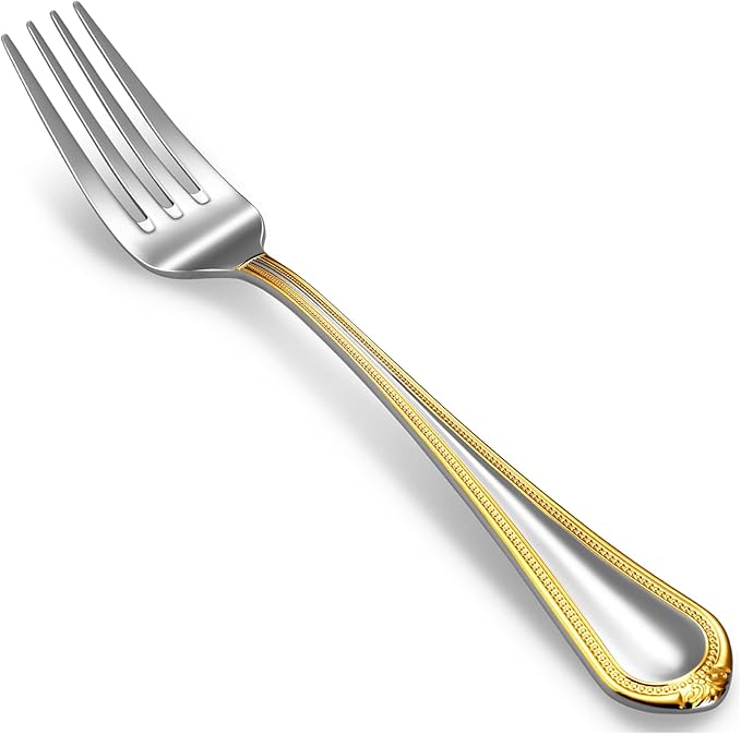 KEAWELL Pearl Edge 4-Piece Premium Fork Set, 18/10 Stainless Steel, Fine Silverware Forks with Mirror Finish and Exquisite Craftsmanship, Gold Accent, Dishwasher Safe (4, 7.3" Salad Forks)