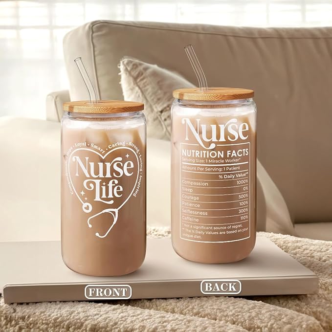 SANDJEST Nurse Life Glass Can Cup with Lid & Straw, Iced Coffee Aesthetic Cups, Idea Gift for Christmas Birthday Mother Day Nurse Week, Gifts for Women Friends, 16oz
