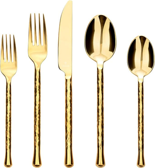 Glam Forged 20-Piece Titanium Gold Silverware Set, 18/10 Stainless Steel Flatware Service for 4, Shiny Gold Flatware, Unique Cutlery Set for Home Kitchen Restaurant Wedding, Dishwasher Safe