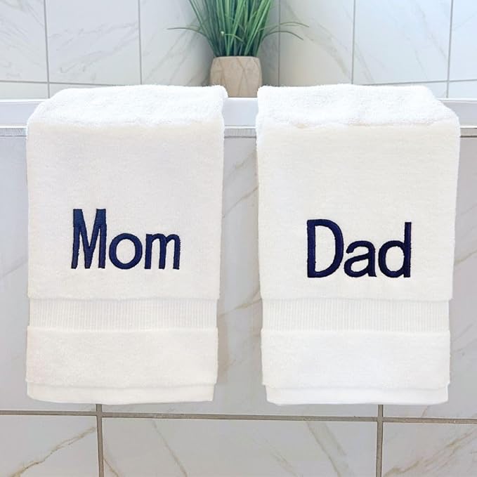 Navy Monogrammed Hand Towels for Bathroom - Luxury Hotel Quality Personalized Initial Decorative Embroidered Towel for Powder Room, Spa - GOTS Organic Certified - Dad and Mom