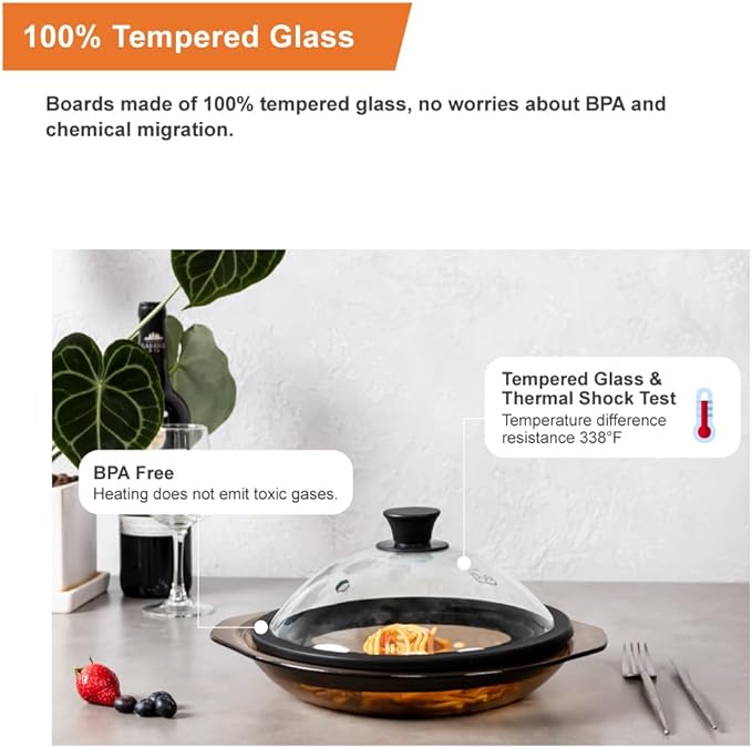 OEC Vented Splatter Guard Microwave Glass Cover for Food with Easy-Grip Handle, 11.7 inch Diameter, 100% Food Grade Tempered Glass & BPA Free Silicone Rim with Steam Vent, Dishwasher Safe