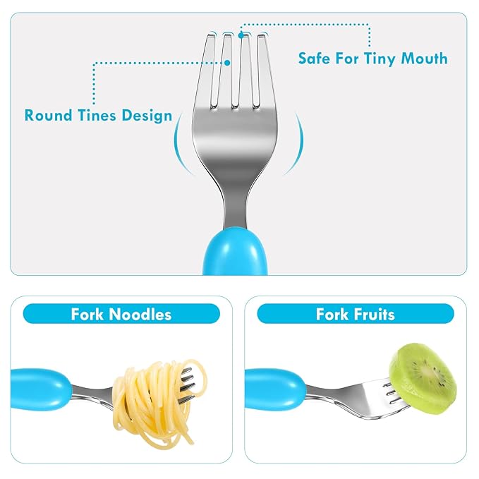 Lehoo Castle 6 Pieces Toddler Utensils, Kids Silverware for 2 3 4 Years Old, Stainless Steel Fork and Spoon Set with Plastic Handle, Safe Toddler Cutlery (Blue Yellow)