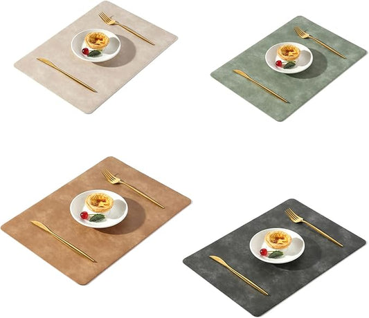 UnivoColors Washed Cowhide Pattern PU Leather Placemats Set of 4 Colors Heat Resistant Kitchen Table Mats, Waterproof Wipeable for Party Decoration(Green+Beige+Black+Camel)