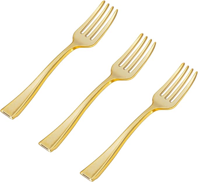N9R 200PCS Gold Plastic Mini Forks, 4 Inches – Heavy Duty Disposable Cocktail, Dessert & Appetizer Forks, Elegant Party Serving Utensils for Tastings, Finger Foods, Weddings, Events