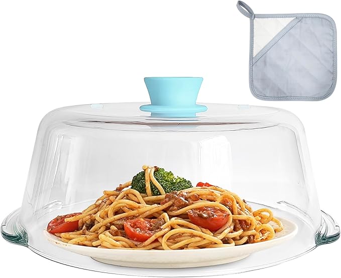 Tall Glass Microwave Splatter Cover for Food with Vent Hole 100% Food Safe 10in Plate Splatter Guard Lid with Silicone Knob BPA Free Cookware Serving Dish Cover Dishwasher Safe
