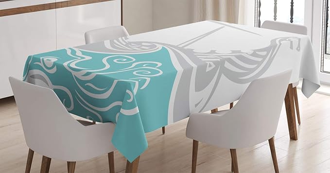 Ambesonne Kraken Tablecloth, Viking Longship Sailing into The Waves with Scandinavian Shields Retro Display, Rectangular Table Cover for Dining Room Kitchen Decor, 52" X 70", Blue Grey