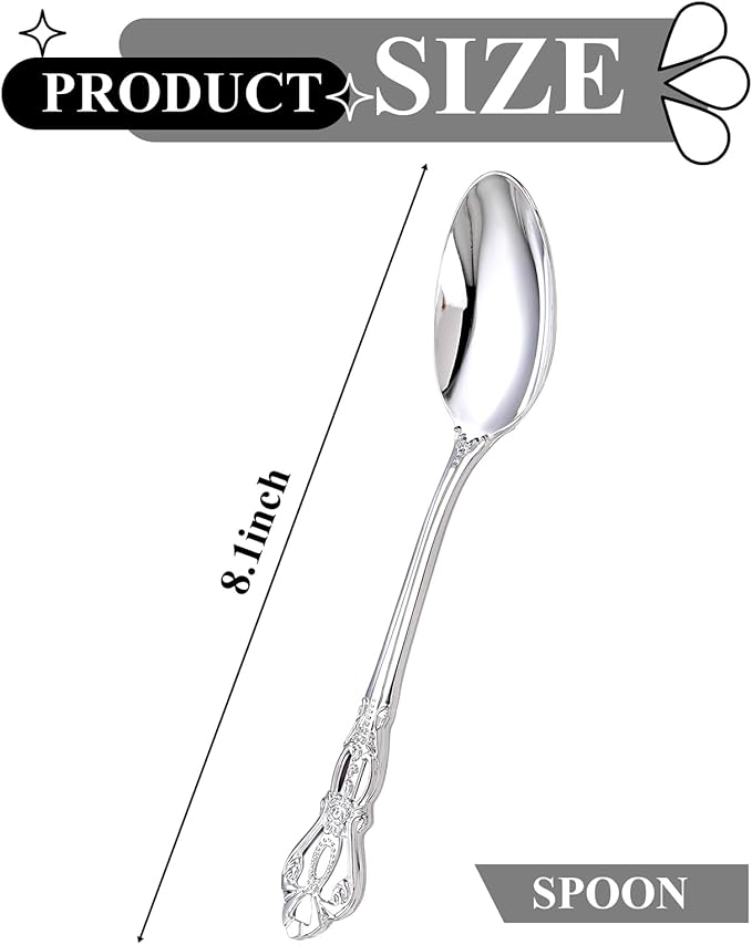 75PCS Silver Plastic Spoons - Silver Spoons Disposable - 8.1 Inch Heavy Duty Plastic Silverware - Heavyweight Elegant Disposable Utensils for Catering, Parties, Dinners, Weddings