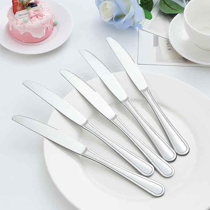 Dinner Knives Set of 24, 9” Knives Set, Butter Knife with Pretty Line Handle, Sharp Knife Set, Food Grade Stainless Steel Table Knife, Silverware, Dishwasher Safe & Mirror Polished