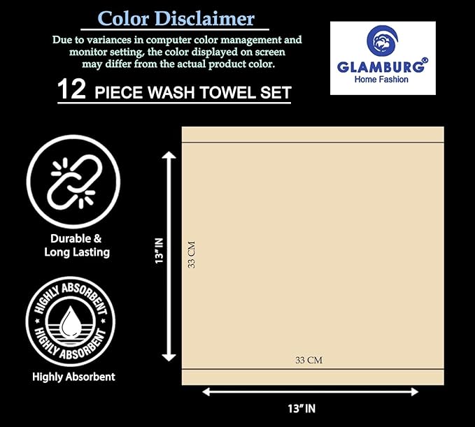 GLAMBURG Ultra Soft 12-Piece Washcloths Set 13x13-100% Ringspun Cotton - Durable & Highly Absorbent Face Towels - Ideal for use in Bathroom, Kitchen, Gym, Spa & General Cleaning - Tan
