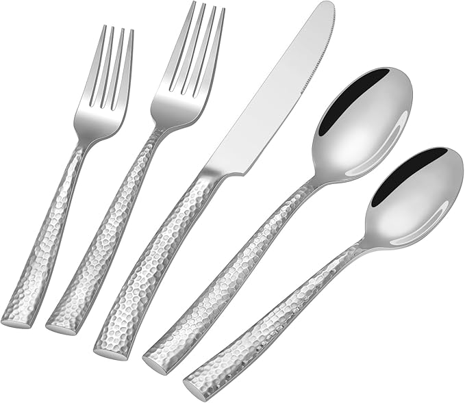 Hammered Silverware Set,Ollex 40-Pieces Hammered Flatware Cutlery Set for 8 Mirror Finished with Anti-rust stainless steel Spoon Knives Forks for Kitchen Hotel Modern Utensil Sets,Dishwasher Safe