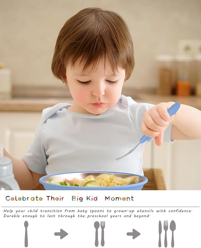 6PCS Toddler Utensils, 316 Stainless Steel Baby Safe Forks + Spoons with Silicone Handle, BPA Free Dishwasher Safe Kids Silverware Cutlery with Box, Sage/Blue/Blush