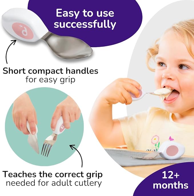 doddl Toddler Utensils, Ergonomic Fork Spoon and Knife Set for Self Feeding, Stainless Steel Silverware for 1-3 Year Olds, BPA Free, Dishwasher Safe (Dusky Rose)