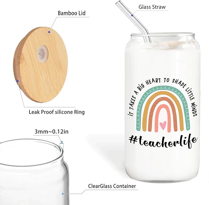 Boho Rainbow Teacher Glass Cup with Lids and Straws 14oz, Kindergarten Teacher Appreciation Gifts, Best Teachers Gifts Glass Iced Coffee Tumbler Drinking Jars with Cleaning Brush
