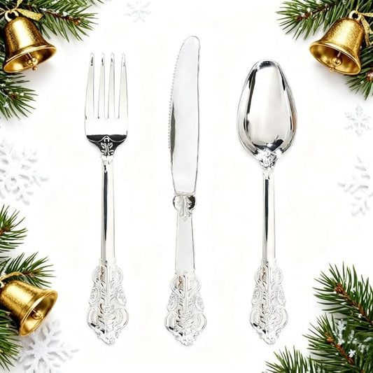 WDF 360 Pieces Silver Plastic Silverware- Disposable Flatware - Heavyweight Plastic Cutlery- Includes 120 Forks, 120 Spoons, 120 Knives for Christmas