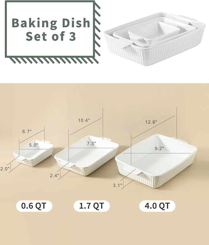 Hasense Rectangular Casserole Dishes for Oven, Ceramic Baking Dish, Baking Pans Set of 3, Lasagna Pan with Handle, Microwave & Dishwasher Safe, Wedding Mother's Day Gift, White(15"/12.2''/8.3'')