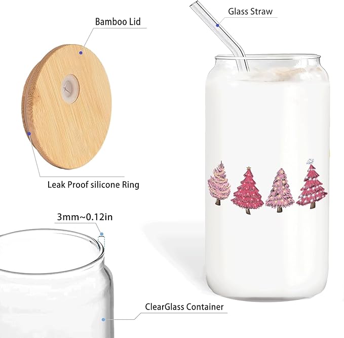 Pink Christmas Tree Decor Coffee Cup Glass With Lid And Straws 14oz,Xmas Tree Drinking Glasses Coffee Cups Water Bottles Gift For Women Kids Men