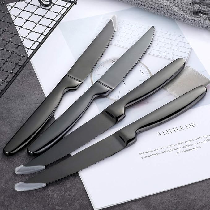 Steak Knife Set, 4-Piece Serrated Black Steak Cutlery Steak Knife, Stainless Steel Steak Cutlery Knife for Home, Restaurant, Hotel, 22cm
