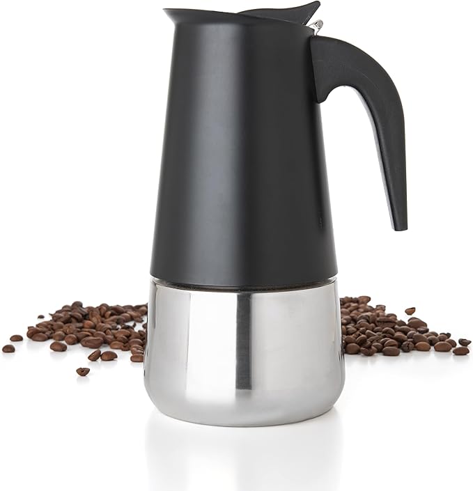 Mixpresso Black 6 Cup Greca Stovetop Espresso Pot 300ml/10oz, Moka Pot with Coffee Percolator Design, Stainless Steel Stove Top Coffee Maker for Camping or Home Use,Italian Stovetop Espresso Maker