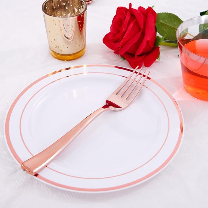 WDF 300 Pieces Rose Gold Plastic Silverware- Disposable Flatware Set - Heavy Duty Plastic Cutlery Includes 100 Forks, 100 Spoons, 100 Knives Perfect for Valentines day, Wedding, Party