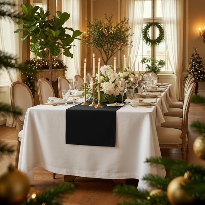 D'Moksha Homes Linen Black Table Runner 132 Inches Long - 100% Pure Linen Extra Long Table Runner 14 x 132 Inch for Winter, Holiday, New Year - Machine Washable