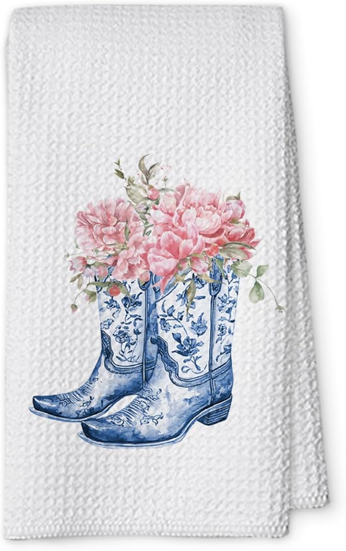 Chinoiserie Blue and White Kitchen Towels,Decorative Hand Tea Towels for Bathroom and Kitchen,Grandmillennial Blue Decor Dish Towel,Vintage Floral Waffle Weave Tea Towel 16x23.5 Inch-08