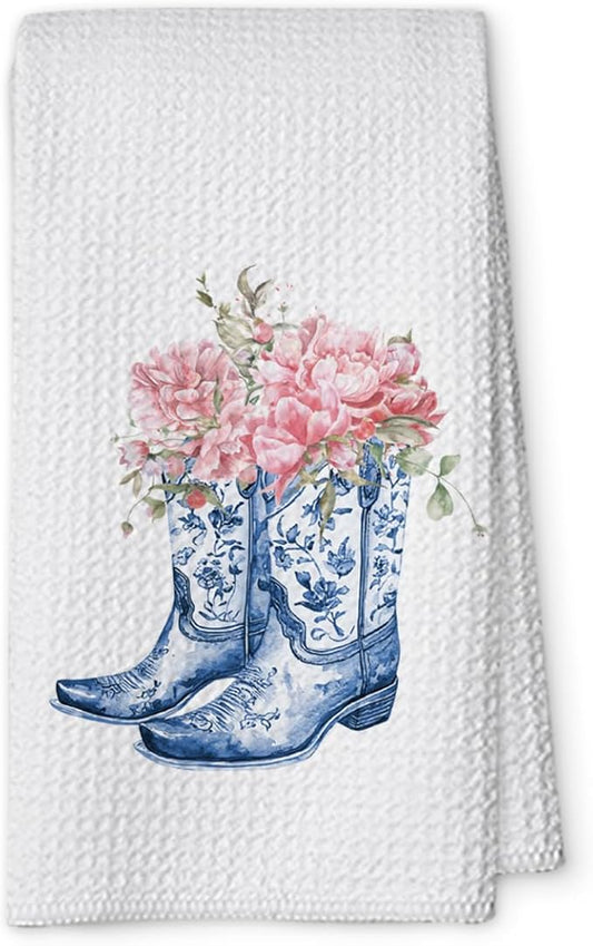 Chinoiserie Blue and White Kitchen Towels,Decorative Hand Tea Towels for Bathroom and Kitchen,Grandmillennial Blue Decor Dish Towel,Vintage Floral Waffle Weave Tea Towel 16x23.5 Inch-08