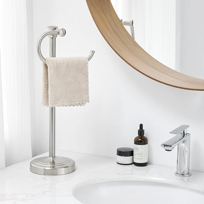 BESy 17 Inch Brushed Nickel Stand Towel Bar Hanger Hand Towel Bar Bathroom Vanity Countertop Towel Holder Free Standing Stainless Steel Towel Ring Hardware Accessories Towel Rack