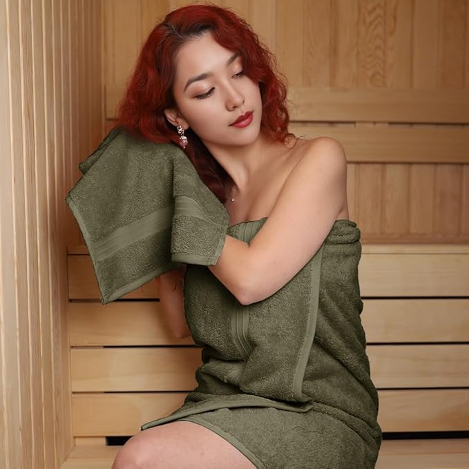 6 Pack Cotton Towel Set - Luxury & 100% Cotton - Hotel and Spa Quality, Absorbent, Includes 2 Bath Towel (28" x 56"), 2 Hand Towels (16"x28") and 2 Wash Cloths (12"x12") - Army Green