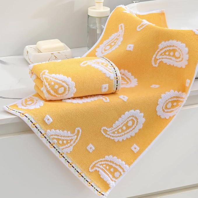 sense gnosis Yellow Paisley Pattren Jacquard Hand Towels Set of 2 Super Soft 100% Cotton Absorbent Double-Sided White Terry Bath Hand Towels for Bathroom Decorative Gym Camping, 13 x 29 inch