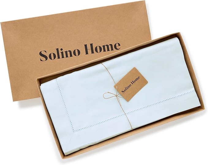 Solino Home Light Blue Cotton Linen Tablecloth 52 x 52 Inch - Hemstitch Square Table Throw - Machine Washable Tablecloth for New Year