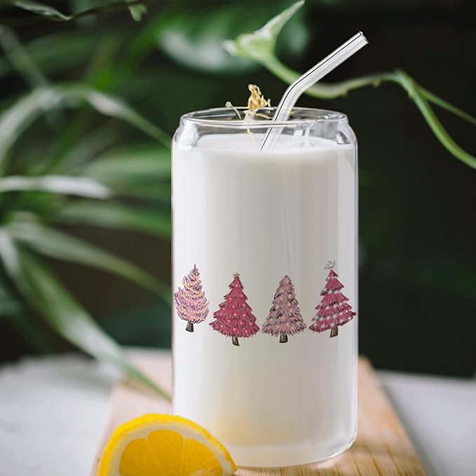 Pink Christmas Tree Decor Coffee Cup Glass With Lid And Straws 14oz,Xmas Tree Drinking Glasses Coffee Cups Water Bottles Gift For Women Kids Men