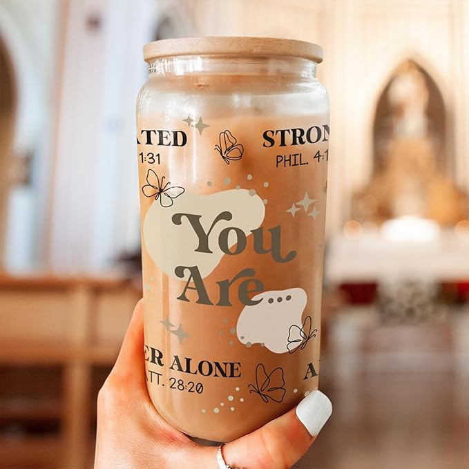 Christian Gifts for Women - Inspirational 16 Oz Can Glass Coffee Cup with Bamboo Lid & Straw- Religious, Motivational Catholic Gifts for Womens Ladies on Birthday