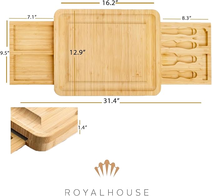 RoyalHouse Unique Bamboo Cheese Board and Knife Set with 2 Slide-Out Cutlery Drawers - Charcuterie Boards Set - Birthday Gifts for Women, Wedding Gifts for Couples 2025, Bridal Shower Gifts