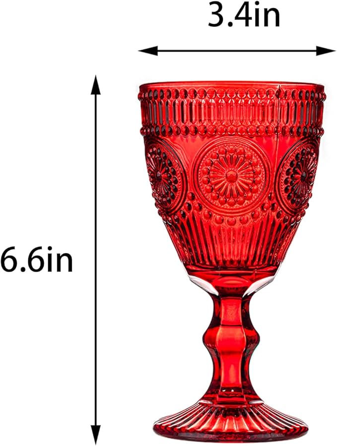 24 Pcs Red Vintage Wine Glasses Set, 10 Ounces Colored Glass Water Goblets, Unique Floral Embossed Pattern High Clear Stemmed Glassware Wedding Party Bar Drinking Cups Fancy Glasses Hand Wash Only
