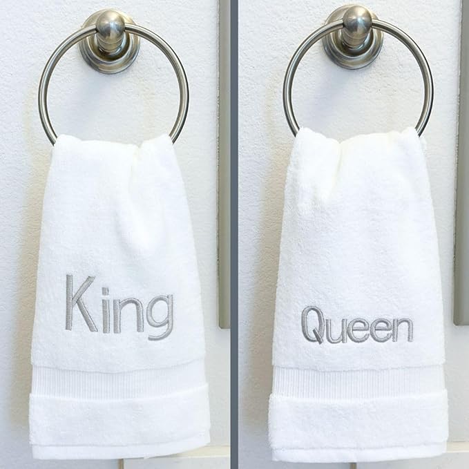 Silver Monogrammed Hand Towels for Bathroom - Luxury Hotel Quality Personalized Initial Decorative Embroidered Towel for Powder Room, Spa - GOTS Organic Certified - King and Queen