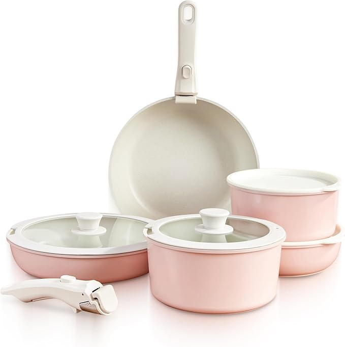 GOURMETIFIC® Pots and Pans Cookware Set [11 PIECES] - Non Toxic Ceramic Coated Cooking Ware - Induction, Gas & Oven Kitchenware - Non Stick Pot & Pan with Removable Handles & Stackable (Blush Pink)