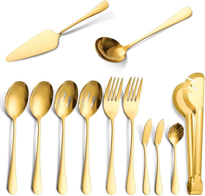 Serving Utensils Fine Include Large Serving Spoons Slotted Serving Spoons Serving Forks Serving Tongs Soup Ladle and Pie Server Buffet Catering Serving Utensils for Dishwasher Safe (Gold, 12)