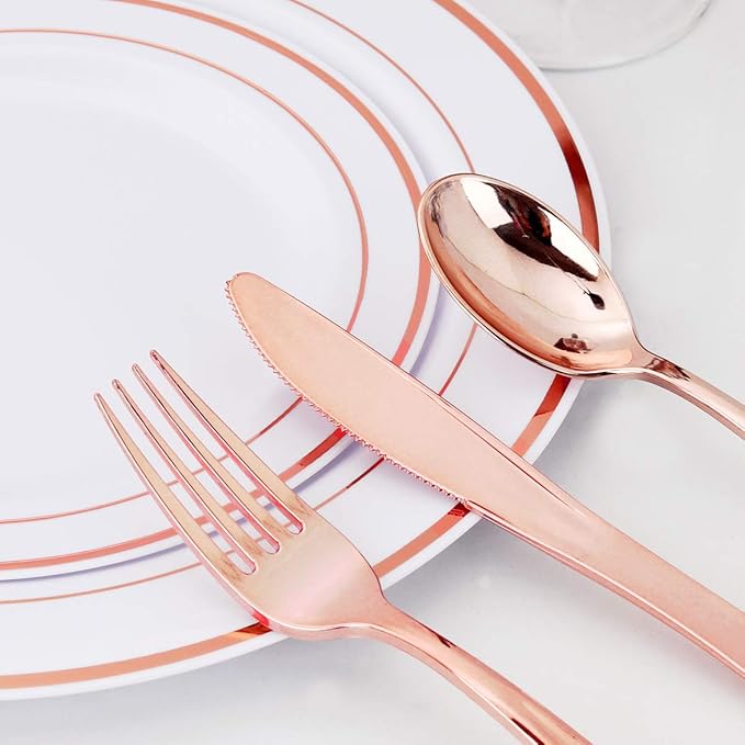 WDF160 Piece Rose Gold Disposable Cutlery Set - Heavyweight Plastic Silverware - Includes 80 Forks, 40 Spoons, 40 Knives - Rose Gold Silverware Perfect for Wedding, Party, Valentines Day