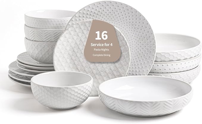 16-Piece Ceramic Plates and Bowls Set,Dual Bowl Dish Set with Dinner & Pasta Bowls，Elegant Embossed Dinnerware for Modern Homes,for Microwave & Dishwasher Safe