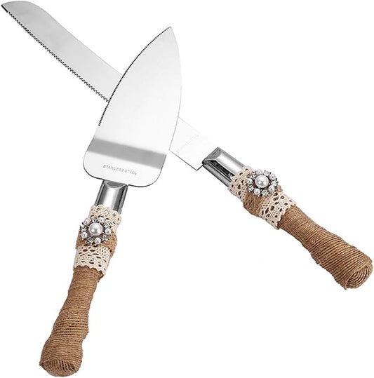 TANG SONG Set of 2 Rustic Wedding Cake Knife and Serving Set Wedding Cake Knife Serveing, Rustic Wedding Cake Knife Set for Parties Weddings Anniversaries