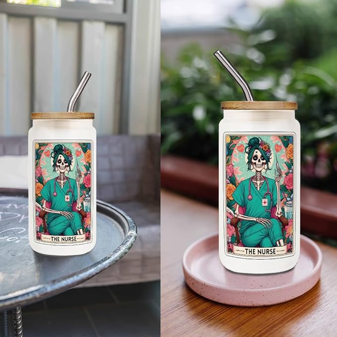 FALJIOK The Nurse Tarot Glass Cup w/Lid Straw 16OZ, RN Gifts for Nurses Women, Fun Nursing Gift for Halloween Christmas, Nurse Skeleton Appreciation Gifts