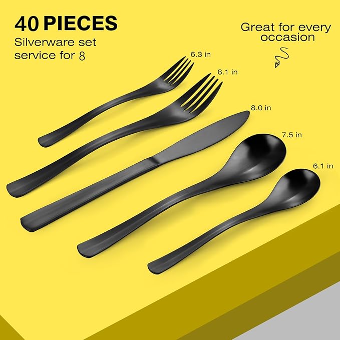 Black Silverware Set, Bysta 40-Piece Flatware Set, Stainless Steel Utensils Service for 8, Tableware Cutlery Set for Home and Restaurant, Include Knife/Fork/Spoon, Satin Finish, Dishwasher Safe