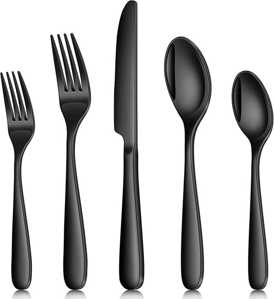 Black Silverware Set, Ollex 40PCS Black Flatware Set for 8 Include Knife Spoon Fork Set for Kitchen Tableware Eating Utensil Set, Stainless Steel Cutlery Set Mirror Polished, Dishwasher Safe