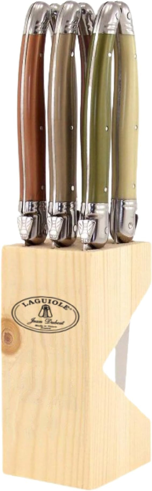 Jean Dubost Laguiole 6-Piece Steak Knife Set, Mineral Handles - 1.2 mm Blades - Rust-Resistant Stainless Steel - Includes Wooden Block - Made in France