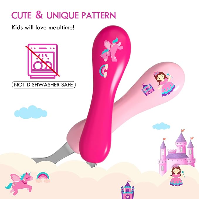 Lehoo Castle Toddler Fork and Spoon, 6pcs Kids Utensils, Safe Stainless Steel Toddler Silverware Set, Children Flatware Set, Incudes 3 Spoons and 3 Forks (Pink)